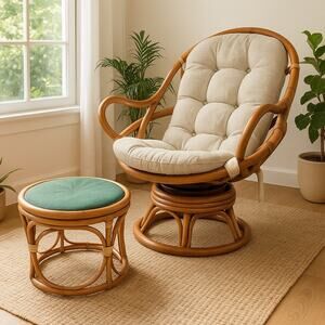 🌿 Vintage Rattan Papasan Swivel Egg Chair Ottoman/Table Set Wicker Bent Wood